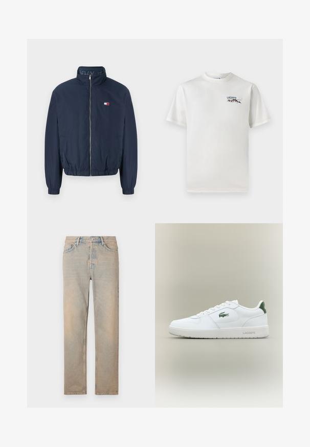 Marineblå bomberjakke med høy krage, elastiske mansjetter og midjebånd. Har glidelås og små logo-detaljer på brystet.; Hvit bomull T-skjorte med rund hals, korte ermer, og en liten brodert logo med fjell og tekst på venstre bryst.; Lys beige denim jeans med rett snitt. Har fem lommer, knappeåpning og subtil falming langs stoffoverflaten.; Hvite skinnsneakers med en glatt finish, grønne detaljer på hælen og en grønn logo på siden. Inkluderer flat såle og rund tå.