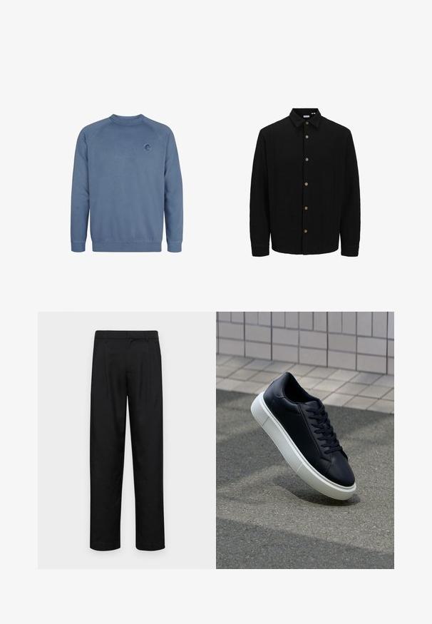 Camisa negra de botones con tejido texturizado. Presenta un cuello puntiagudo, mangas largas y botones marrones en la parte delantera.; Sudadera azul con cuello redondo, puños y dobladillo acanalados. Presenta un pequeño logotipo circular en el pecho y un acabado liso y texturizado.; Pantalones negros de tela suave, con un diseño de pierna recta, dos pliegues frontales y una cintura estándar con trabillas para el cinturón.; Zapatilla de cuero negro con punta redonda y suela de goma blanca. Presenta cordones planos y un mínimo de costuras en la parte superior. Suela texturizada para proporcionar agarre.
