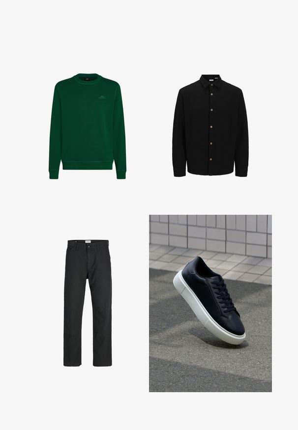 Černá košile na knoflíky vyrobená z texturované látky. Disponuje špičatým límcem, dlouhými rukávy a hnědými knoflíky vpředu.; Zelená mikina vyrobená z měkké tkaniny, má kulatý výstřih, dlouhé rukávy, žebrované manžety a malé logo O'Neill na hrudi.; Černé kalhoty vyrobené z odolné tkaniny, s rovnými nohavicemi, šitými akcenty a dvěma předními kapsami pro praktičnost.; Černé kožené tenisky s kulatou špičkou a bílou gumovou podrážkou. mají ploché tkaničky a minimální šití na svršku. Texturovaná podrážka pro lepší přilnavost.