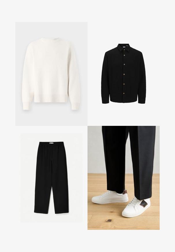 Črna srajca na gumb iz teksturirane tkanine. Ima usnjeni ovratnik, dolge rokave in rjave gumbe po sprednji strani.; Bela pletena jopica z okroglo izreznico, spuščeno rameni in rebrastim robom. Mehak material in ohlapen kroj.; Črne široke hlače iz lahkotnega materiala. Imajo elastičen pas in gladko teksturo. Brez vidnih vzorcev ali dodatkov.; Beli športni copati z gladko teksturo, okrašeni z rjavimi usnjenimi detajli in črnimi poudarki, v kombinaciji s črnimi krojenimi hlačami. Ozadje iz lesenih tal.