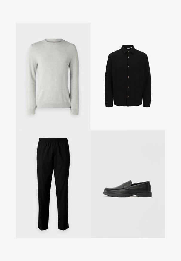Camicia nera con bottoni, realizzata in tessuto testurizzato. Presenta un colletto a punta, maniche lunghe e bottoni marroni lungo il davanti.; Maglione a maglia grigio chiaro con collo rotondo, maniche lunghe, motivo testurizzato e polsini e orlo a coste. Tessuto morbido e traspirante.; Pantaloni neri con una vita elastica, caratterizzati da un design a gamba dritta. Il tessuto sembra liscio con una texture opaca, senza motivi visibili.; Mocassini neri in pelle con una finitura liscia, parte superiore in stile mocassino, dettagli cuciti e suola in gomma. Design classico con tacco basso.