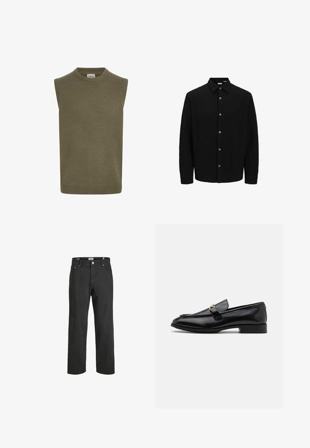 Črna srajca na gumb iz teksturirane tkanine. Ima usnjeni ovratnik, dolge rokave in rjave gumbe po sprednji strani.; Svetra brez rokavov v olivno zeleni barvi, rebrasta pletenina, okrogla izrezana vratna obroba, ravna kroja in subtilna podrobnost na robu. Znamka vidna znotraj.; Črne ravne hlače iz bombaža, ki imajo klasičen pet-pocket dizajn, gumbasto zapiranje in subtilne šive.; Črne usnjene loafer čevlje z zaobljenim nosom, šivanim poudarkom, majhnim petnikom in zlato kovinsko podrobnostjo na trakcu. Gladka tekstura po celotni površini.