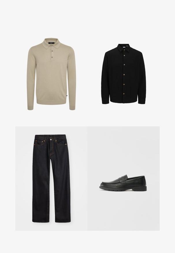 Schwarzes Hemd mit Knopfleiste aus strukturiertem Stoff. Verfügt über einen spitzen Kragen, lange Ärmel und braune Knöpfe entlang der Vorderseite.; Langärmliges Polohemd aus leichtbeigem Strickstoff, mit klassischem Kragen, einer Drei-Knopf-Leiste und gerippten Bündchen.; Herren gerade geschnittene schwarze Jeans aus Denim mit fünf Taschen und orangefarbenen Nähten, Knopf- und Reißverschluss vorne am Bund.; Schwarze Lederloafers mit glatter Oberfläche, Mokassin-oberteil, genähten Details und Gummisohle. Klassisches Design mit niedrigem Absatz.