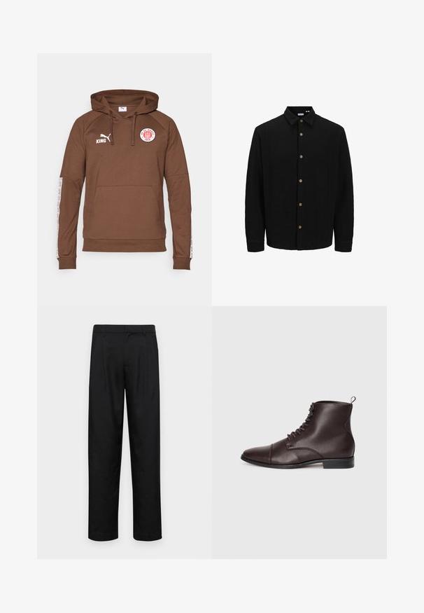 Sort skjorte med knaplukning lavet af struktureret stof. Har en spidse krave, lange ærmer og brune knapper foran.; Brun hættetrøje lavet af blødt materiale med en frontlomme, snøre i huen og hvide sportsdetaljer på ærmerne med et logo.; Sorte bukser lavet af glat stof, med et lige ben-design, to frontfolder og en standard talje med bæltestropper.; Brune læder ankelstøvler med en struktureret overflade, rund tå, snørebånd fortil og en løkker til at trække i bagtil. Flad sål for stabilitet.