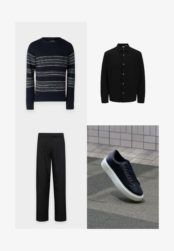 Camasa neagră cu nasturi, realizată dintr-un material texturat. Are guler ascuțit, mâneci lungi și nasturi maro pe față.; Jack & Jones JJPANNEL - Pulover - navy; Pantaloni negri dintr-un material neted, cu un design drept, două pliuri frontale și un tiv standard cu bucle pentru curea.; Tenis cu piele neagră, cu vârful rotund și talpă din cauciuc alb. Are șireturi plate și cusături minime pe suprafață. Tălpile texturate oferă aderență.