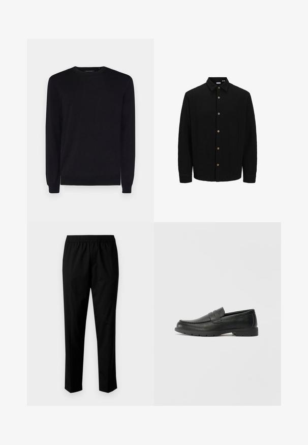 Camasa neagră cu nasturi, realizată dintr-un material texturat. Are guler ascuțit, mâneci lungi și nasturi maro pe față.; Pulover negru cu guler rotund, dintr-un material neted, cu mâneci lungi și cu tivuri ribbate la mâneci și la baza puloverului. Design clasic, cu detalii minimale.; Pantaloni negri cu talie elastică, având un design cu picior drept. Țesătura pare netedă, cu o textură mată, fără modele vizibile.; Labeled cu oglindă din piele neagră cu un finisaj neted, partea superioară în stil mocasin, detalii cusute și o talpă din cauciuc. Design clasic cu un toc jos.