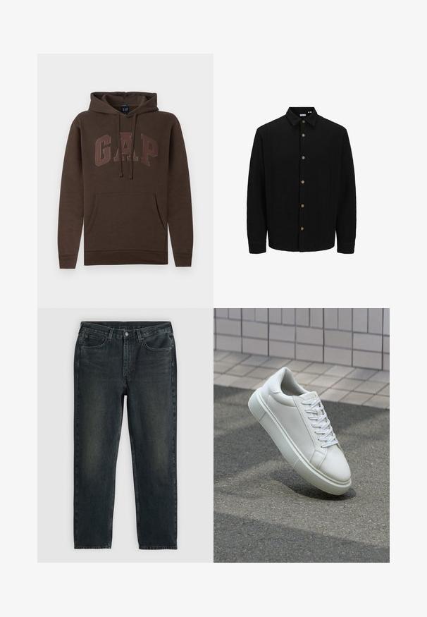 Czarna koszula na guziki, wykonana z fakturowanej tkaniny. Posiada spiczasty kołnierzyk, długie rękawy oraz brązowe guziki z przodu.; Brązowy hoodie z kieszenią kangurzą, sznurkami i logo "GAP" w jaśniejszym odcieniu brązu na piersi. Wygodna mieszanka bawełny.; Czarnje dżinsy z prostym krojem nogawki, pięcioma kieszeniami i subtelnymi detalami w postaci wyblednięcia. Posiadają zapięcie na guzika i zamek.; Białe skórzane trampki z gładką powierzchnią, okrągłym noskiem i płaskimi białymi sznurowadłami. Posiadają teksturowaną gumową podeszwę oraz minimalistyczne elementy projektowe.
