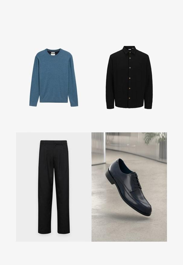 Schwarzes Hemd mit Knopfleiste aus strukturiertem Stoff. Verfügt über einen spitzen Kragen, lange Ärmel und braune Knöpfe entlang der Vorderseite.; Blauer Rundhals-Sweatshirt aus weicher Baumwolle, mit langen Ärmeln, rippierten Bündchen und Saum sowie einem kleinen Logo Detail auf der Vorderseite.; Schwarze Hose aus glattem Stoff, mit geradem Bein Design, zwei vorderen Falten und einem Standardbund mit Gürtelschlaufen.; Glänzender schwarzer Leder-Dressschuh mit Schnürsenkeln, schwebend über einem glatten, hellgrauen Boden und vertikalen Metallstäben im Hintergrund.
