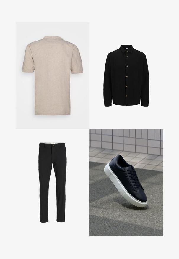 Fekete gombos ing, amely texturált anyagból készült. Jellemzője a hegyes gallér, hosszú ujjak és barna gombok az elején.; Rövid ujjú bézs vászon ing, gallérral, mely texturált anyagból készült, egyenes alsó szegéllyel, látható minták vagy díszítések nélkül.; Fekete pamut keverék nadrág, slim fit szabással, gombos záródással, zsebekkel és felgöngyölt szárakkal a laza végeredményért.; Fekete bőr sportcipő lekerekített orral és fehér gumitalppal. Lapos fűzőkkel és minimális varrásokkal rendelkezik a felsőrészén. Mintás talp a tapadásért.