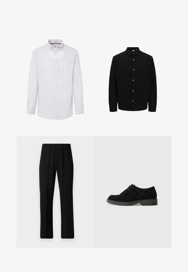 Schwarzes Hemd mit Knopfleiste aus strukturiertem Stoff. Verfügt über einen spitzen Kragen, lange Ärmel und braune Knöpfe entlang der Vorderseite.; Weißes Langarmhemd mit einem karierten Muster in Rot und Blau. Button-down-Kragen, vordere Blende mit Knöpfen und geknöpfte Manschetten.; Schwarze, Gummibund-Hosen mit geradem Schnitt, die eine glatte Textur aufweisen und keine sichtbaren Muster oder Beschläge haben.; Schwarze Wildleder-Halbschuhe mit runder Spitze, kontrastierenden Nähten und einer Gummisohle. Minimalistische Schnürung und ein glattes Oberdesign.