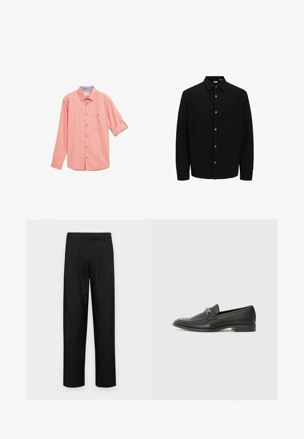 Camasa neagră cu nasturi, realizată dintr-un material texturat. Are guler ascuțit, mâneci lungi și nasturi maro pe față.; Cămașă cu mânecă lungă, tip cămașă, în corai deschis, cu un material texturat, un buzunar pe piept și detalii la manșete rulate care evidențiază un interior albastru.; Pantaloni negri dintr-un material neted, cu un design drept, două pliuri frontale și un tiv standard cu bucle pentru curea.; Pantofii negri din piele cu un finisaj neted, având un design cusut și un accent decorativ de lanț metalic peste partea de sus. Toc plat.