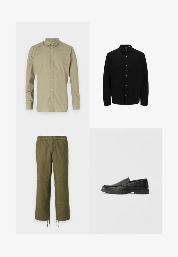 Juodas marškinėliai su priekyje užsegamomis mygtukais, pagaminti iš tekstūruoto audinio. Išskirtinės savybės – smailus apykaklė, ilgomis rankovėmis ir rudi mygtukai. ; Alyvuogių žalumo mygtukų marškiniai su smailiu apykakle, ilgomis rankovėmis ir lygaus paviršiaus, su skaidriais plastikiniais mygtukais priekyje.; Olive spalvos, plačios kelnės, pagamintos iš medvilnės, su elastine juosmeniu, mygtukų uždarymu ir kontrastingais užsklandų akcentais ant kelių.; Juodai odiniai loaferiai su sklandžiu paviršiumi, mokasino stiliaus viršus, siuvinėjimu ir guminėmis padangomis. Klasikinis dizainas su žemu kulnu.