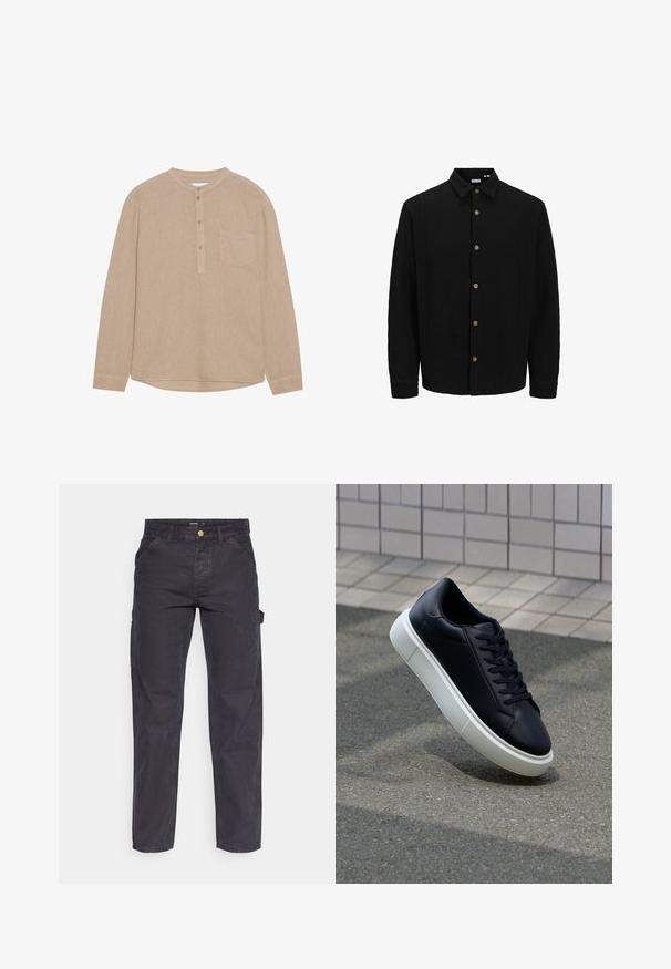 Crna košulja s dugim rukavima napravljena od teksturirane tkanine. Ima oštru kragnu i smeđe gumbe duž prednje strane.; Beživa košulja s dugim rukavima, henley izrezom, dugmadi, lijevim džepom na prsima, meke teksture i ovalnim rubom.; Tamno sivi cargo hlače od izdržljivog materijala, s ravnim krojem, pet džepova i kopčanjem na dugme u struku.; Crne kožne tenisice s zaobljenim vrhom i bijelim gumiranim potplatom. Imaju ravne vezice i minimalno šivanje na gornjem dijelu. Teksturirani potplat za bolje prianjanje.