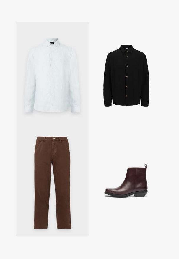 Czarna koszula na guziki, wykonana z fakturowanej tkaniny. Posiada spiczasty kołnierzyk, długie rękawy oraz brązowe guziki z przodu.; Męska koszula zapinana na guziki w jasnoniebieskim kolorze w białe pionowe paski, klasyczny kołnierzyk, długie rękawy i subtelne logo na piersi.; Brązowe bawełniane spodnie z prostą nogawką, z przednimi kieszeniami i metalowym zapięciem. Charakteryzują się gładką fakturą i minimalistycznym designem.; Bordowe skórzane botki za kostkę z okrągłym noskiem, minimalistycznym designem, niskim słupkowym obcasem i pętelką z tyłu. Gładka faktura i wykończenie.