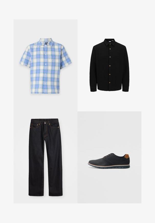 Čierna košela na gombíky vyrobená z textúrovanej látky. Má špicatý golier, dlhé rukávy a hnedé gombíky na prednej strane.; Košeľa s krátkym rukávom z ľahkého materiálu, s modro-bielym károvaným vzorom a svetloružovými akcentmi. Obsahuje náprsné vrecko a gombíky.; Pánske rovné čierne riflové nohavice s piatimi vreckami a oranžovým prešívaním, s gombíkom a zipsom na prednom páse.; Čierne syntetické topánky so štruktúrovaným zvrškom, hladkými akcentmi, hnedým opätkom a kontrastnou podrážkou. Majú minimálne šnurovanie a detaily prešitia.