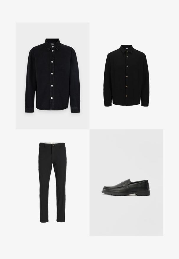 Camasa neagră cu nasturi, realizată dintr-un material texturat. Are guler ascuțit, mâneci lungi și nasturi maro pe față.; Cămașă din denim negru cu mâneci lungi, guler cu nasturi și accesorii din metal argintiu. Presentă o croială dreaptă și o textură simplă.; Pantaloni negri din bumbac cu un croi slim, având închidere cu nasture, buzunare și manșete răsturnate pentru un aspect casual.; Labeled cu oglindă din piele neagră cu un finisaj neted, partea superioară în stil mocasin, detalii cusute și o talpă din cauciuc. Design clasic cu un toc jos.