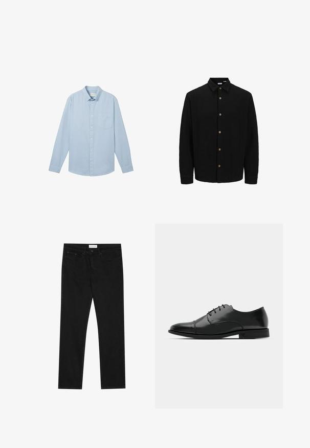 Zwarte button-up shirt van gestructureerde stof. Beschikt over een puntige kraag, lange mouwen en bruine knopen langs de voorkant.; Lichtblauw overhemd met lange mouwen, gemaakt van stof met een gestructureerd patroon, voorzien van een button-down kraag en een enkele borstzak.; Zwarte straight-leg jeans met een vijf-pocket ontwerp, knoop- en ritssluiting, en een Pier One merklabel op de tailleband.; Zwarte leren dresschoenen met een ronde neus, vetersluiting, subtiele stiksels en een lage hak. Glad oppervlak met gepolijste afwerking.