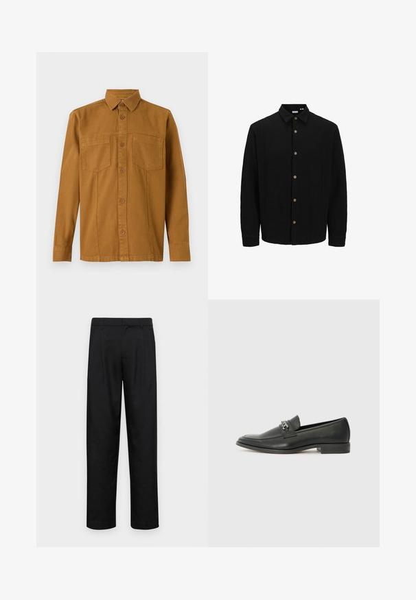 Camisa negra de botones con tejido texturizado. Presenta un cuello puntiagudo, mangas largas y botones marrones en la parte delantera.; TOM TAILOR Camisa - deep cognac; Pantalones negros de tela suave, con un diseño de pierna recta, dos pliegues frontales y una cintura estándar con trabillas para el cinturón.; Mocasín de cuero negro con un acabado suave, que cuenta con un diseño de costura y un acento decorativo de cadena de metal en el empeine. Tacón plano.