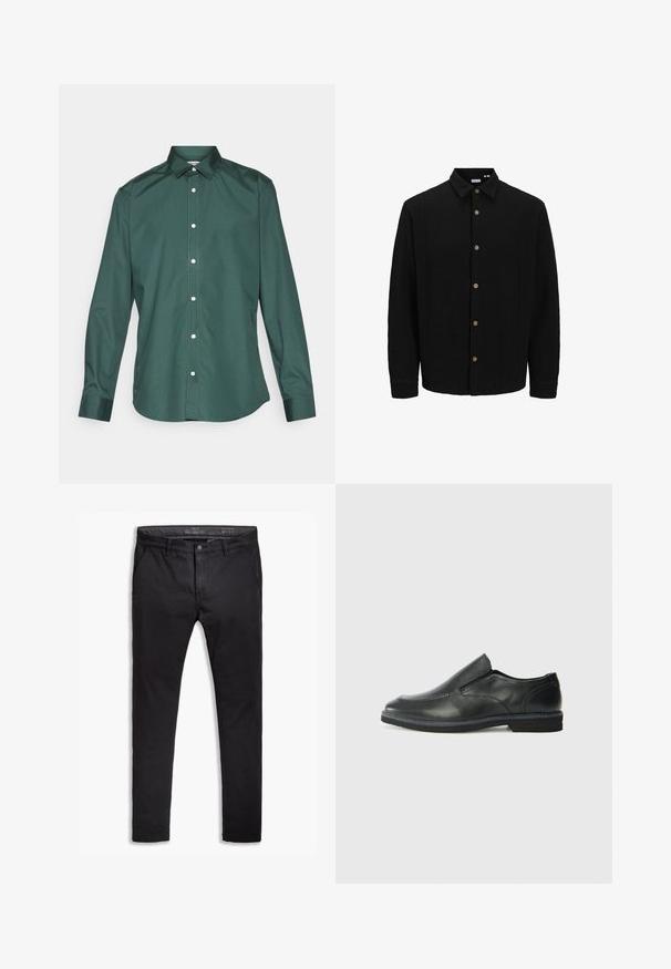 Fekete gombos ing, amely texturált anyagból készült. Jellemzője a hegyes gallér, hosszú ujjak és barna gombok az elején.; Zöld gombos ing sima anyagból, klasszikus gallérral, hosszú ujjakkal és fehér gombokkal az elején. Nincs mintázata.; Fekete pamut chinos nadrág tapered fit szabással, öt zsebbel, övhurkokkal és sima textúrával. Cipzáras kivágás gombos záródással.; Fekete bőr, slip-on cipő sima felsőrésszel, varrott díszítéssel, lekerekített orral és alacsony gumitalppal. A talpa minimális bordázattal rendelkezik.