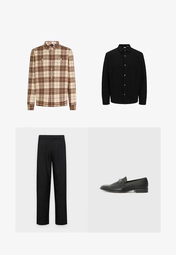 Čierna košela na gombíky vyrobená z textúrovanej látky. Má špicatý golier, dlhé rukávy a hnedé gombíky na prednej strane.; Károvaná košeľa vyrobená z mäkkej látky v béžových a hnedých odtieňoch, s dlhými rukávmi, zapínaním na gombíky a dvoma náprsníkovými vreckami.; Čierne nohavice vyrobené z hladkej tkaniny, s rovnými nohavicami, dvoma prednými skladmi a štandardným pásom s pútkami na opasok.; Čierne kožené loafers s hladkým povrchom, s prešitým dizajnom a dekoratívnym kovovým reťazovým akcentom cez priehlavok. Plochý podpätok.