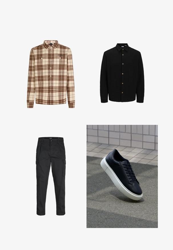 Črna srajca na gumb iz teksturirane tkanine. Ima usnjeni ovratnik, dolge rokave in rjave gumbe po sprednji strani.; Karirana srajca iz mehkega materiala v bež in rjavih tonih, z dolgimi rokavi, z gumbi spredaj in dvema žepoma na prsih.; Črne cargo hlače iz trdnega blaga, ki imajo več žepov, gumbasto zapiranje in ozek kroj z zožanimi nogami.; Črne usnjene superge z zaobljenim prstom in belim gumijastim podplat. Imajo ravne vezalke in minimalno šivanje na zgornjem delu. Teksturirani podplat za oprijem.