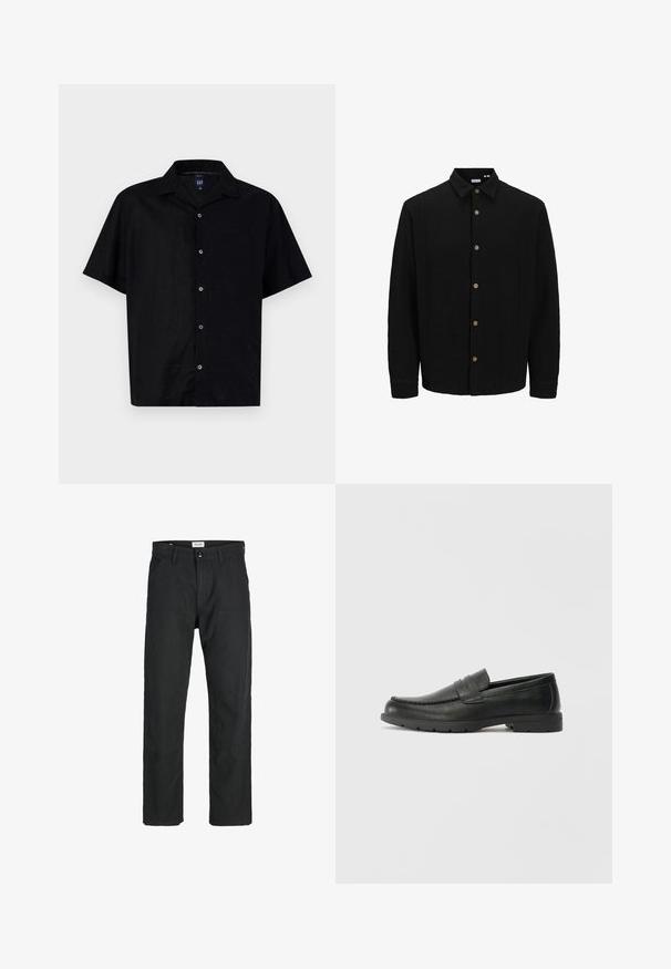 Camicia nera con bottoni, realizzata in tessuto testurizzato. Presenta un colletto a punta, maniche lunghe e bottoni marroni lungo il davanti.; Maglietta nera a maniche corte realizzata in tessuto liscio, con chiusura frontale a bottoni, una singola tasca sul petto e un design del colletto classico.; Pantaloni neri realizzati in tessuto resistente, caratterizzati da un design a gamba dritta, dettagli cuciti e due tasche frontali per la funzionalità.; Mocassini neri in pelle con una finitura liscia, parte superiore in stile mocassino, dettagli cuciti e suola in gomma. Design classico con tacco basso.