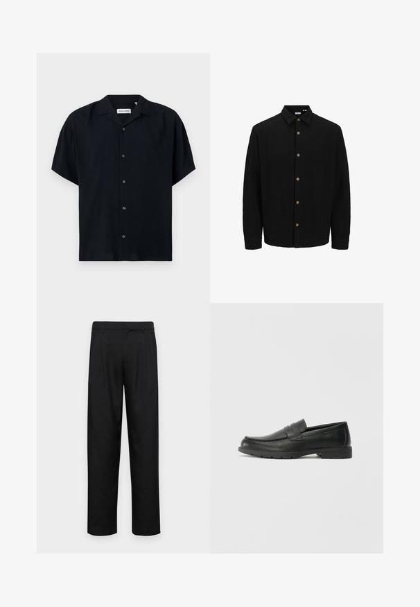 Fekete gombos ing, amely texturált anyagból készült. Jellemzője a hegyes gallér, hosszú ujjak és barna gombok az elején.; Rövid ujjú fekete ing, könnyű anyagból készült, gallérral, gombos záródással és laza szabással. Egyszerű, egyszínű kialakítás, minta nélkül.; Fekete nadrág sima anyagból, egyenes szárú fazonnal, két elülső redővel és közönséges derékkal, övhurkokkal.; Fekete bőr mokaszinok sima felülettel, a mokaszin stílusú felsőrésszel, varrott részletezéssel és gumitalppal. Klasszikus dizájn alacsony sarokkal.