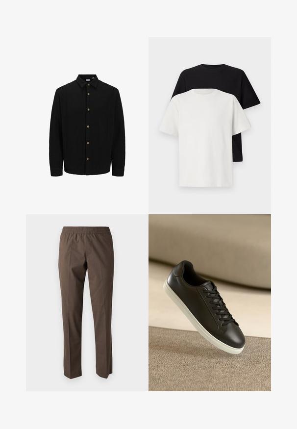 Juodas marškinėliai su priekyje užsegamomis mygtukais, pagaminti iš tekstūruoto audinio. Išskirtinės savybės – smailus apykaklė, ilgomis rankovėmis ir rudi mygtukai. ; Medvilniniai marškiniai, kuriuos sudaro juodas ir baltas marškinėliai, abu su trumpomis rankovėmis, apvaliu iškirpimu ir standartiniu sijonu. Tekstūruota medžiaga.; Rudos kelnės iš lygaus audinio, su elastine juosta, tiesaus kirpimo ir be matomų kišenių ar papuošimų.; Juodų odinių sportbačių su baltu guminiu padu ir juodomis raištelėmis nuotrauka, padėta ant šviesiai rudos tekstilės paviršiaus ir fono.