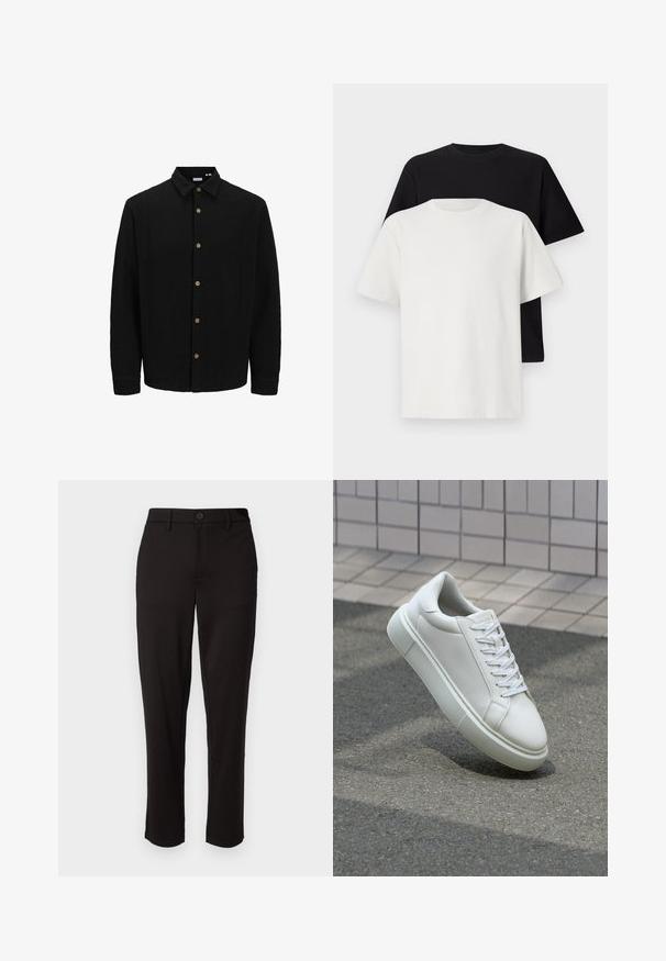 Čierna košela na gombíky vyrobená z textúrovanej látky. Má špicatý golier, dlhé rukávy a hnedé gombíky na prednej strane.; Bavlnená súprava tričiek, ktorá obsahuje čierne tričko a biele tričko, obe s krátkymi rukávmi, okrúhlym výstrihom a štandardným strihom. Textúrovaná látka.; Čierne nohavice vyrobené z ľahkého materiálu, so strihaním do rovného strihu, predným zapínaním na gombík, pútkom na opasok a bočnými vreckami.; Biele kožené tenisky s hladkým povrchom, okrúhlym špičkou a plochými bielymi šnúrkami. Obsahuje štruktúrovanú gumovú podrážku a minimalistický dizajn.