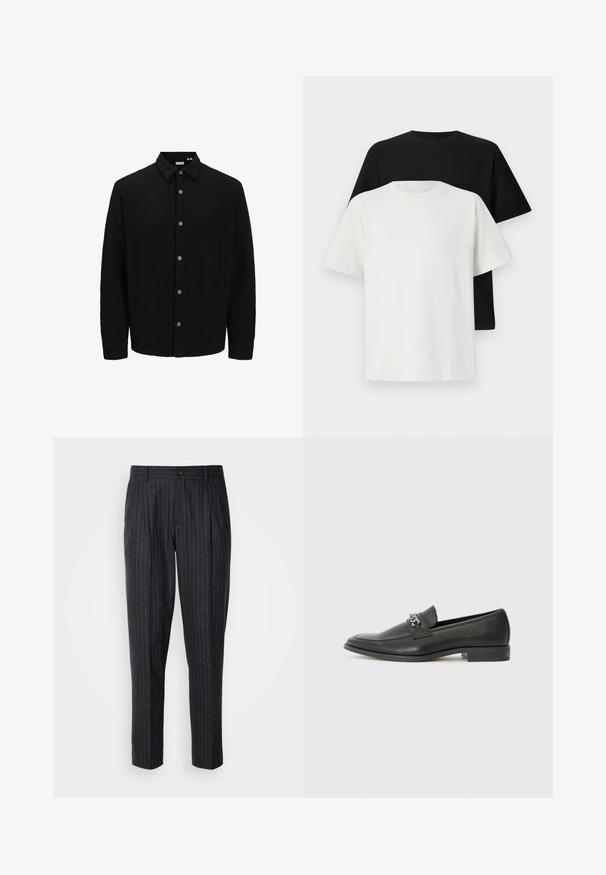 Musta nappipaita, joka on valmistettu tekstuuripinnoitteisesta kankaasta. Siinä on terävä kaulus, pitkät hihat ja ruskeat napit edessä.; Setti puuvillapaitoja, joissa on musta ja valkoinen paita, molemmat lyhythihaisilla, pyöreällä kaula-aukolla ja normaalilla istuvuudella. Teksturoitu kangas.; Räätälöidyt housut tummanharmaasta kankaasta, jossa on ohuita pystysuoria raidoituksia; varustettu napilla suljettavalla vyötäröllä ja laskostetulla etuosalla.; Musta nahkakengät, joissa on sileä pinta, koristeelliset ompeleet ja metalliketjun yksityiskohta kengän päällä. Littee korko.