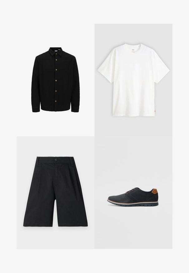 Black button-up shirt made of textured fabric. Features a pointed collar, long sleeves, and brown buttons along the front.; White short-sleeve t-shirt made of cotton with a crew neck. Features subtle embossed logo detail on the front and a red label at the hem.; Black shorts made of cotton, featuring a straight cut, pleats, a button closure, and a smooth texture. No visible patterns or accents.; Black synthetic shoes with a textured upper, smooth accents, brown heel, and a contrasting sole. Features minimal lacing and stitch details.