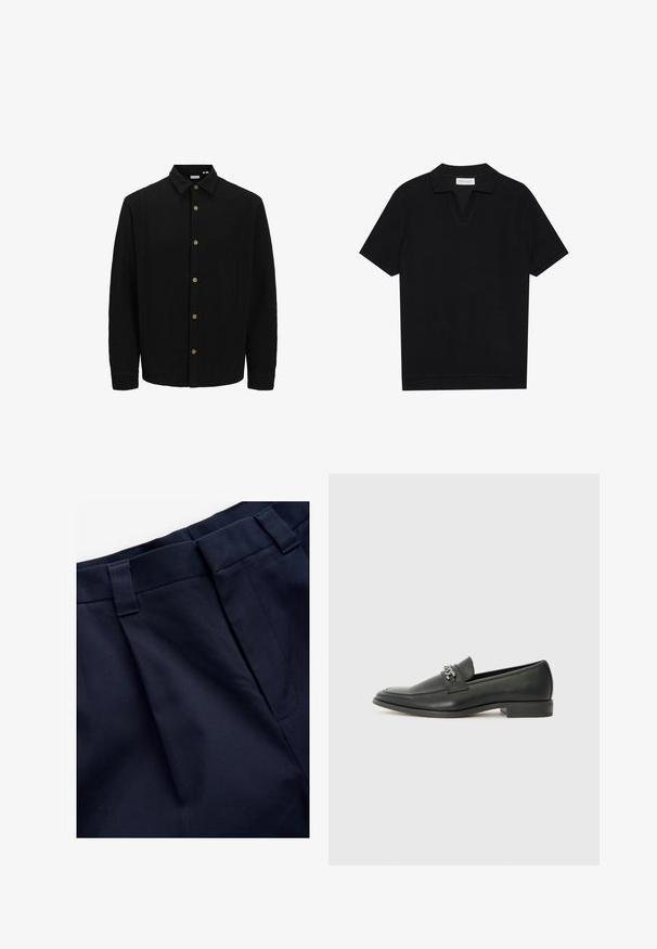 Zwarte button-up shirt van gestructureerde stof. Beschikt over een puntige kraag, lange mouwen en bruine knopen langs de voorkant.; Zwarte polo met korte mouwen van een gestructureerde, ribbelstof, met een V-hals en een rechte zoom. Geen zichtbare logo's of patronen.; Navy plissébroek van een gladde, gestructureerde stof. Voorzien van een platte tailleband en riemlussen, ontworpen voor comfort en pasvorm.; Zwarte leren instapper met een gladde afwerking, voorzien van een gestikt ontwerp en een decoratieve metalen kettingaccent over de wreef. Platte hak.