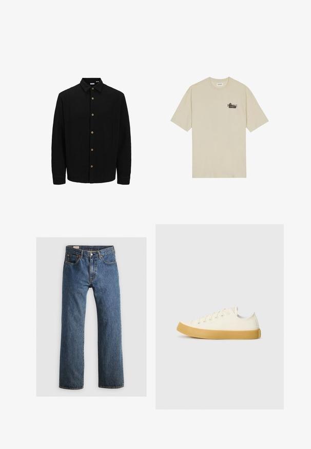 Juodas marškinėliai su priekyje užsegamomis mygtukais, pagaminti iš tekstūruoto audinio. Išskirtinės savybės – smailus apykaklė, ilgomis rankovėmis ir rudi mygtukai. ; Bežinis medvilninis marškinėliai trumpomis rankovėmis, apvaliu kaklu ir juodu grafiniu spausdinimu, kuriame iškilmingai išspausdinta žodis "ROMA" ant priekio.; Mėlyni džinsai su tiesiu kirpimu, turintys penkis kišenes, užtrauktuką ir oranžinius siuvinėjimo akcentus. Medžiaga turi klasiką primenantį išblukusį tekstūrą.; Oficio drobės sneakeriai baltai kreminės spalvos, su apvaliu galiuku, su smėlio spalvos guminiais padais ir penkiomis skylėmis raištams, turintys tekstūruotą viršutinę dalį.