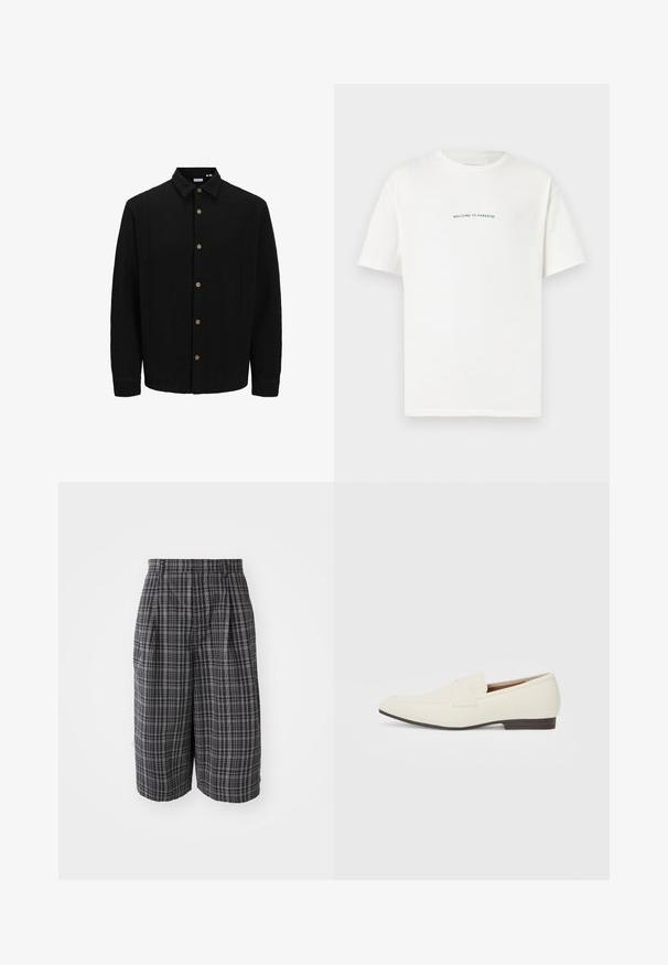 Černá košile na knoflíky vyrobená z texturované látky. Disponuje špičatým límcem, dlouhými rukávy a hnědými knoflíky vpředu.; Bílý bavlněný tričko s krátkým rukávem a kulatým výstřihem. Uprostřed je napsáno "VÍTÁME V RÁJI" křivým zeleným písmem.; Šedé kostkované šortky s uvolněným střihem, s plisováním, bočními kapsami a lehkým textilním materiálem, navržené pro pohodlí a prodyšnost.; Světlé béžové mokasíny s špičatou špičkou, hladkým materiálem, páskem přes nárt a nízkou hnědou podrážkou. Jednoduchý design s minimálními akcenty.