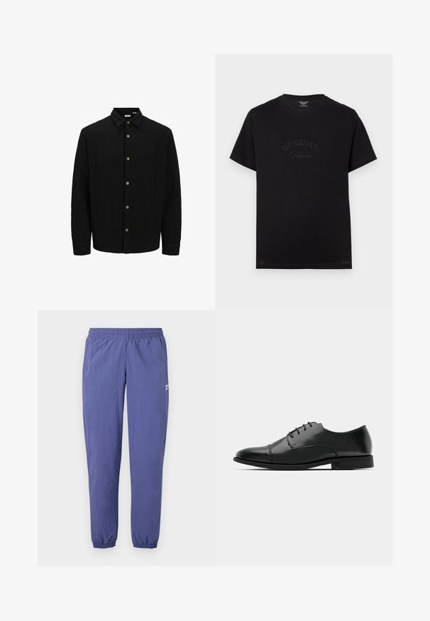 Black button-up shirt made of textured fabric. Features a pointed collar, long sleeves, and brown buttons along the front.; Black cotton t-shirt with short sleeves and a round neckline. Features "ORIGINALS Studio" embossed in tonal lettering on the front.; Purple windbreaker pants with an elastic waistband, tapered legs, elastic cuffs, and a side pocket featuring a small logo detail.; Black leather dress shoe with a rounded toe, lace-up design, subtle stitching details, and a low heel. Smooth texture with polished finish.
