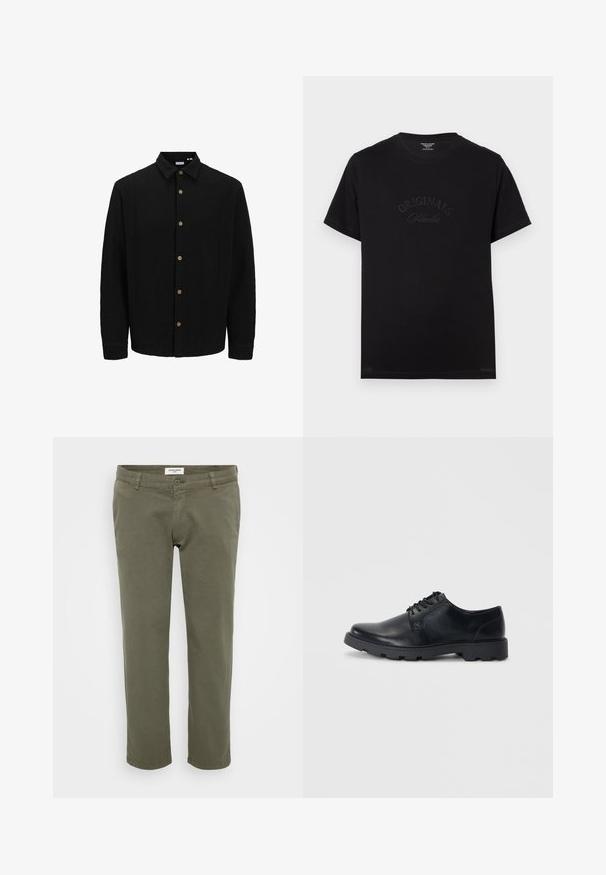 Chemise noire à boutons, fabriquée en tissu texturé. Caractéristiques : col pointu, manches longues et boutons marron sur le devant.; T-shirt en coton noir à manches courtes et col rond. Présente "ORIGINALS Studio" embossé en lettres tonales sur le devant.; Chinos vert olive avec une coupe droite, fabriqués en coton avec une légère texture, dotés d'une fermeture à bouton et de passants de ceinture.; Chaussures en cuir noir à lacets, avec un bout arrondi, une semelle en caoutchouc basse et un discret détail de couture le long des bords.