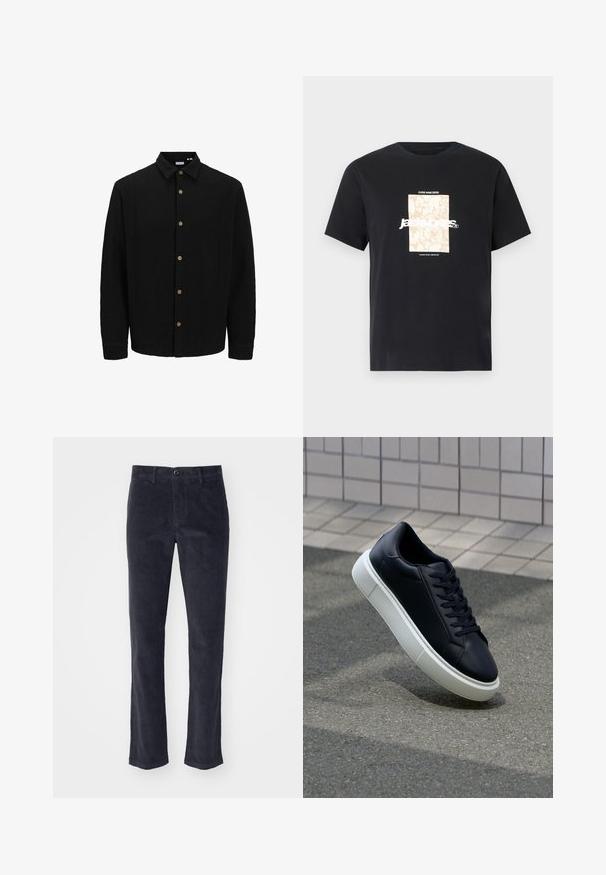 Musta nappipaita, joka on valmistettu tekstuuripinnoitteisesta kankaasta. Siinä on terävä kaulus, pitkät hihat ja ruskeat napit edessä.; Mustat puuvillapaita pyöreällä kaula-aukolla. Edessä on beigellä suorakulmaisella graafikolla ja valkoisella tekstillä "JAWO" keskellä. Lyhyet hihat.; Tummanharmaat corduroypuvut, joissa on suora lahjetyyli, etupainike ja sivutaskut. Pehmeä rakenne pystyripoilla.; Mustat nahkakengät, joissa on pyöristetty kärki ja valkoinen kumipohja. Varusteena litteät nauhat ja minimaalinen ommel ylhäällä. Teksturoitu pohja pitävyyden lisäämiseksi.