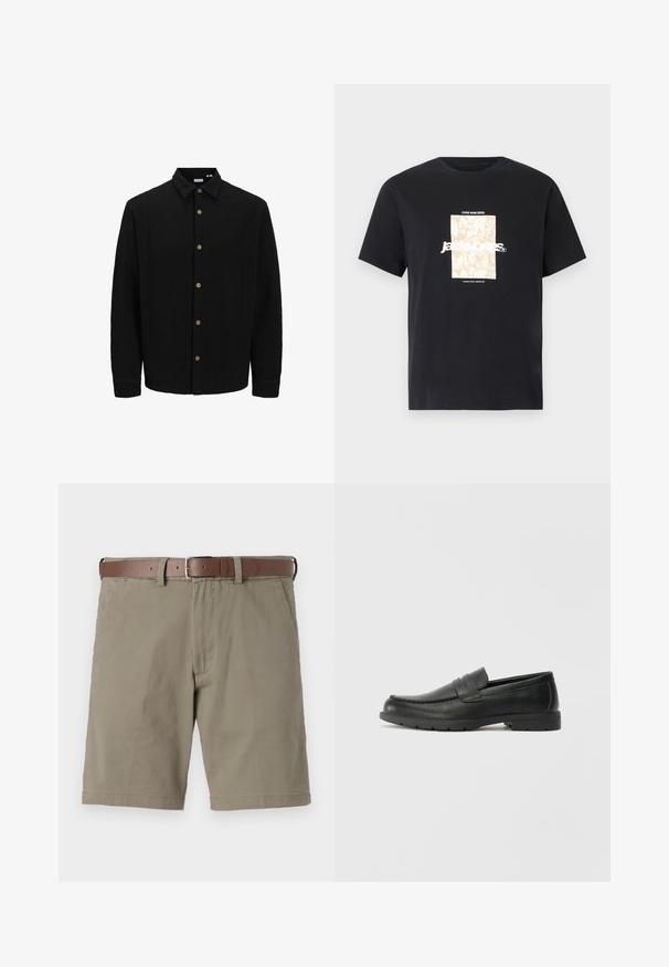 Melns krekliņš ar pogām, izgatavots no strukturētas auduma. Iekļauj norādītu apkakli, garas piedurknes un brūnas pogas priekšpusē.; Melna kokvilnas T-kreklā ar apaļu kakla izgriezumu. Priekšpusē ir beigu taisnstūra grafika un balti burti "JAWO", kas ir centrēti. Īsas piedurknes.; Beža šorti ar brīvu piegriezumu, izgatavoti no kokvilnas auduma. Iezīmēts ar brūnu ādas jostu, priekšējām kabatām un tīru apdares maliņu.; Melnas ādas loafers ar gludu apdari, mokasīnu stila augšdaļu, šūtu detalizāciju un gumijas zoli. Klasisks dizains ar zemu papēdi.