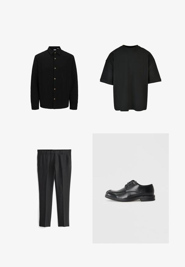 Zwarte button-up shirt van gestructureerde stof. Beschikt over een puntige kraag, lange mouwen en bruine knopen langs de voorkant.; Zwarte oversized t-shirt van ribstof. Ronde hals, korte mouwen en een relaxte pasvorm met een rechte zoom. Eenvoudig en veelzijdig ontwerp.; Zwarte op maat gemaakte broek met een vlakke voorkant, twee zijzakken en een knoopsluiting. Soepele textuur en recht model.; Zwarte leren veterschoenen met een ronde neus, een gladde textuur en een lage hak. Kenmerkt zich door stiksel details langs de bovenkant en zijkanten.