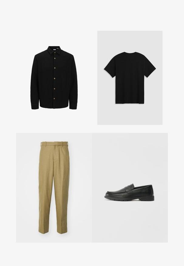 Sort skjorte med knaplukning lavet af struktureret stof. Har en spidse krave, lange ærmer og brune knapper foran.; Levi's® BOXTAB - T-shirts print - boxtab in black bas; Beige bukser lavet af tekstureret stof, med lige ben-design, bæltestropper og forknyttede folder.; Sorte læderslippers med en glat finish, mokkasin-stil overdel, syninger og gummisål. Klassisk design med en lav hæl.