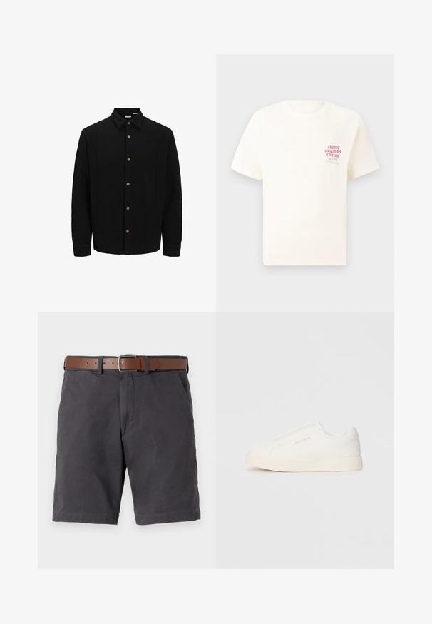 Schwarzes Hemd mit Knopfleiste aus strukturiertem Stoff. Verfügt über einen spitzen Kragen, lange Ärmel und braune Knöpfe entlang der Vorderseite.; Weißes T-Shirt mit kurzen Ärmeln und rotem Text "Studio Originals Edition" auf der linken Brust, präsentiert vor einem neutralen grauen Hintergrund.; Dunkelgraue Baumwollshorts mit einem braunen Ledergürtel, Fronttaschen und gesteppten Saumdetails.; Weiße Slip-On-Sneaker mit einer strukturierten Oberfläche, dicker Sohle und minimalistischem Design. Mit Logo der Marke an der Seite.