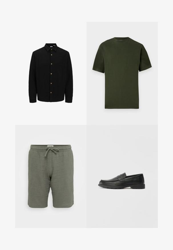 Melns krekliņš ar pogām, izgatavots no strukturētas auduma. Iekļauj norādītu apkakli, garas piedurknes un brūnas pogas priekšpusē.; Haki zaļas krāsas kokvilnas t-krekls ar īsām piedurknēm, apaļu izgriezumu un gludu tekstūru. Vienkāršs dizains bez redzamiem rakstiem vai akcentiem.; Vieglas, olīvu krāsas šortos, kas izgatavoti no teksturēta auduma. Iezīmes elastīga josta ar auklu, sānu kabatas un brīva piegrieza.; Melnas ādas loafers ar gludu apdari, mokasīnu stila augšdaļu, šūtu detalizāciju un gumijas zoli. Klasisks dizains ar zemu papēdi.