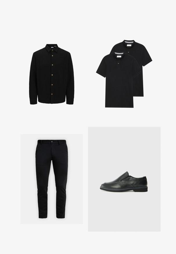 Black button-up shirt made of textured fabric. Features a pointed collar, long sleeves, and brown buttons along the front.; Two black polo shirts, short-sleeved, cotton material, featuring a classic collar, two-button placket, and white striped accents inside the collar.; Slim-fit black pants with belt loops, front button closure, and side pockets, displayed against a light gray background.; Black leather slip-on shoe with a smooth upper, stitched accents, rounded toe, and a low rubber heel. Sole features minimal tread.