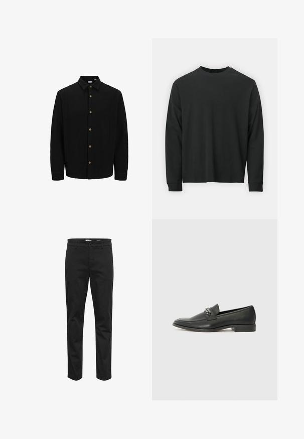 Schwarzes Hemd mit Knopfleiste aus strukturiertem Stoff. Verfügt über einen spitzen Kragen, lange Ärmel und braune Knöpfe entlang der Vorderseite.; Langärmliges schwarzes T-Shirt aus Baumwolle, mit Rundhalsausschnitt, lockerer Passform und gerippten Bündchen. Weiche Textur ohne sichtbare Muster.; Schwarze Baumwoll-Chinos mit geradem Bein, ausgestattet mit einem Frontknopfverschluss, Gürtelschlaufen und seitlichen Taschen für Funktionalität.; Schwarzer Lederloafer mit glatter Oberfläche, ausgestattet mit einer gesteppten Gestaltung und einem dekorativen Metallkettendetail über dem Vorderblatt. Flacher Absatz.