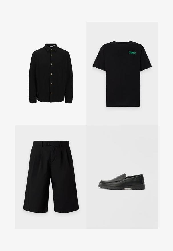 Camasa neagră cu nasturi, realizată dintr-un material texturat. Are guler ascuțit, mâneci lungi și nasturi maro pe față.; Tricou negru din bumbac, cu mâneci scurte. Prezintă un logo verde "ROOTS" pe față, guler rotund și o potrivire standard.; Jack & Jones JPSTBILL FLINT - Pantaloni scurți - black; Labeled cu oglindă din piele neagră cu un finisaj neted, partea superioară în stil mocasin, detalii cusute și o talpă din cauciuc. Design clasic cu un toc jos.