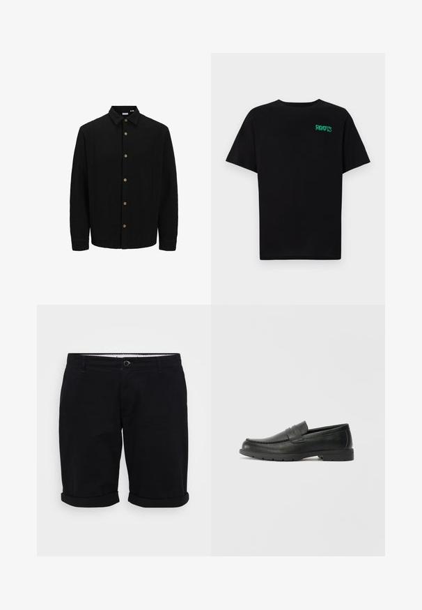 Sort skjorte med knaplukning lavet af struktureret stof. Har en spidse krave, lange ærmer og brune knapper foran.; Sort t-shirt lavet af bomuld med korte ærmer. Har et grønt "ROOTS" logo på forsiden, rund halsudskæring og almindelig pasform.; Sorte bomuldsshorts med lige snit, opsmøgede manchetter og knaplukning foran. Har lommer og et mønstret indvendigt bælte.; Sorte læderslippers med en glat finish, mokkasin-stil overdel, syninger og gummisål. Klassisk design med en lav hæl.