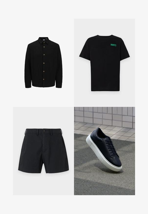 Camasa neagră cu nasturi, realizată dintr-un material texturat. Are guler ascuțit, mâneci lungi și nasturi maro pe față.; Tricou negru din bumbac, cu mâneci scurte. Prezintă un logo verde "ROOTS" pe față, guler rotund și o potrivire standard.; Șorturi negre din bumbac cu talie cu nasturi, buzunare laterale și un design drept. Textură netedă cu o estetică minimă.; Tenis cu piele neagră, cu vârful rotund și talpă din cauciuc alb. Are șireturi plate și cusături minime pe suprafață. Tălpile texturate oferă aderență.