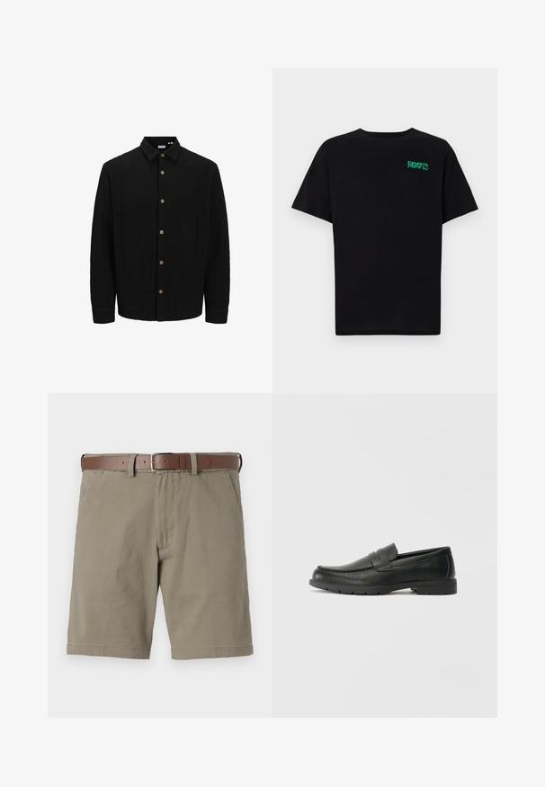 Crna košulja s dugim rukavima napravljena od teksturirane tkanine. Ima oštru kragnu i smeđe gumbe duž prednje strane.; Crna majica kratkih rukava od pamuka. Na prednjem dijelu se nalazi zeleni "ROOTS" logo, okrugli izrez i standardni kroj.; Bež kratke hlače opuštenog kroja, izrađene od pamučnog materijala. Imaju smeškan remen od smeškanog kože, prednje džepove i uredan završetak.; Crne kožne mokasine s glatkom površinom, gornji dio u stilu mokasina, ojačani šavovi i gumeni potplat. Klasičan dizajn s niskom petom.