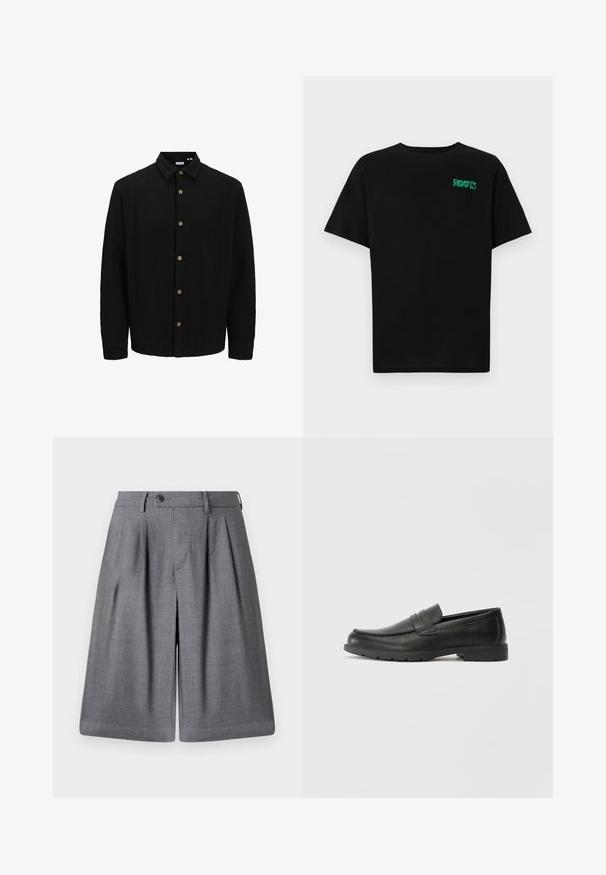 Schwarzes Hemd mit Knopfleiste aus strukturiertem Stoff. Verfügt über einen spitzen Kragen, lange Ärmel und braune Knöpfe entlang der Vorderseite.; Schwarzes T-Shirt aus Baumwolle mit kurzen Ärmeln. Auf der Vorderseite befindet sich ein grünes "ROOTS"-Logo, es hat einen runden Halsauschnitt und eine normale Passform.; Graue, maßgeschneiderte Shorts aus glattem Stoff, mit Falten, einem Knopfverschluss und einem klaren Bund für einen strukturierten Sitz.; Schwarze Lederloafers mit glatter Oberfläche, Mokassin-oberteil, genähten Details und Gummisohle. Klassisches Design mit niedrigem Absatz.