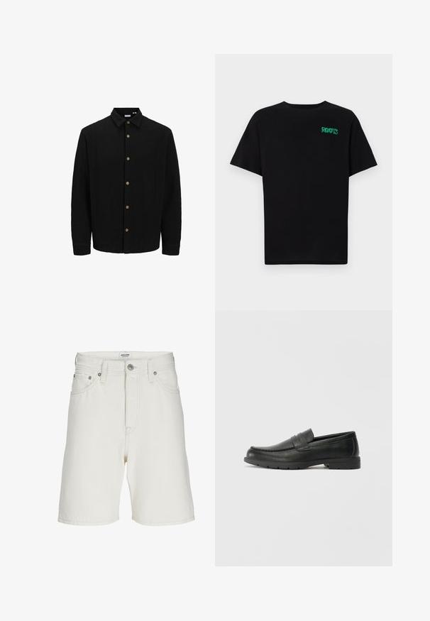 Fekete gombos ing, amely texturált anyagból készült. Jellemzője a hegyes gallér, hosszú ujjak és barna gombok az elején.; Fekete, pamutból készült póló rövid ujjakkal. Elöl zöld "ROOTS" logóval, kerek nyakkivágással és normál szabással.; Fehér farmer rövidnadrág egyenes szabással, cipzáras záródással, öt zsebbel és fémből készült záróelemekkel.; Fekete bőr mokaszinok sima felülettel, a mokaszin stílusú felsőrésszel, varrott részletezéssel és gumitalppal. Klasszikus dizájn alacsony sarokkal.